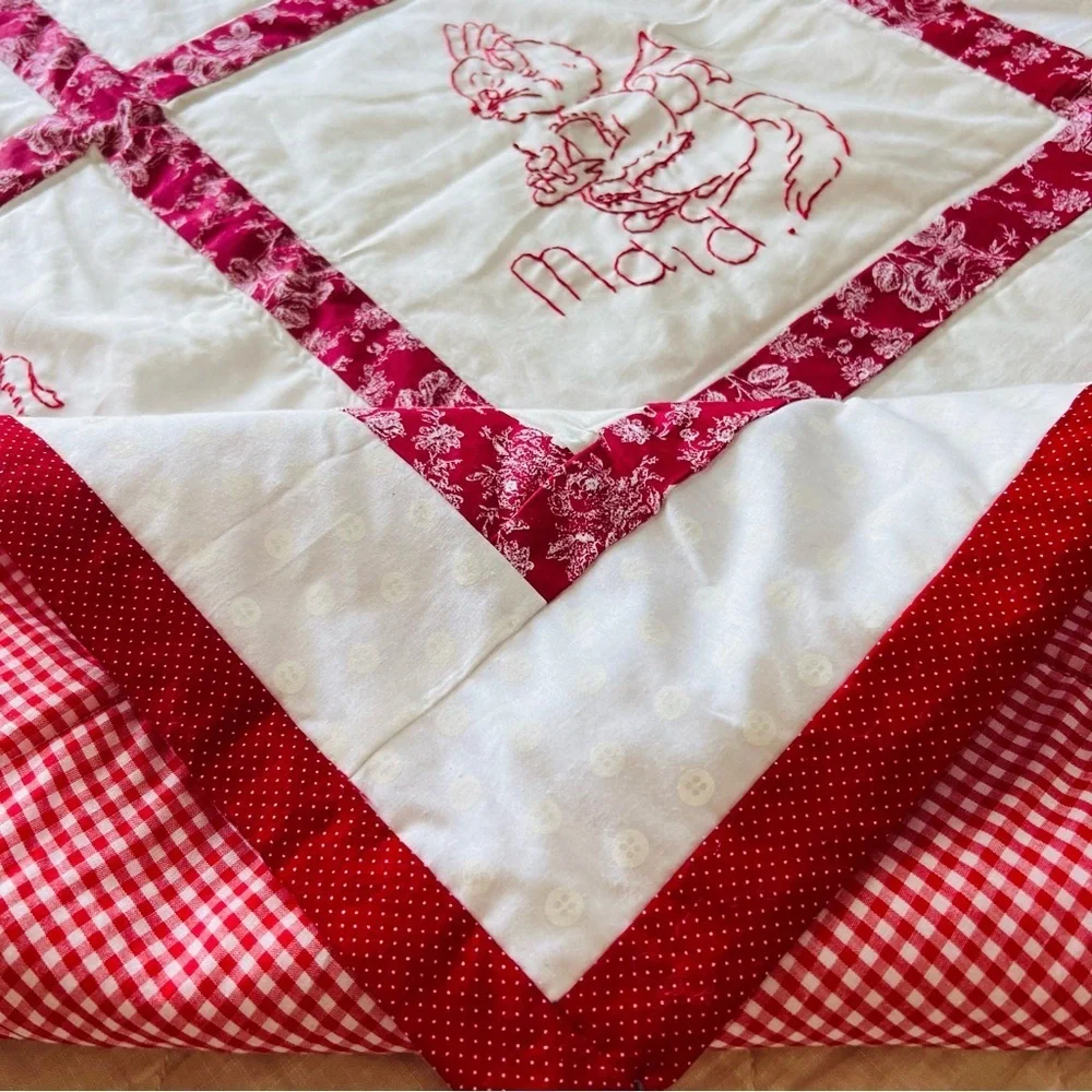 Hand-Embroidered Redwork Quilt – “Career Cats” Theme – 6 Panels